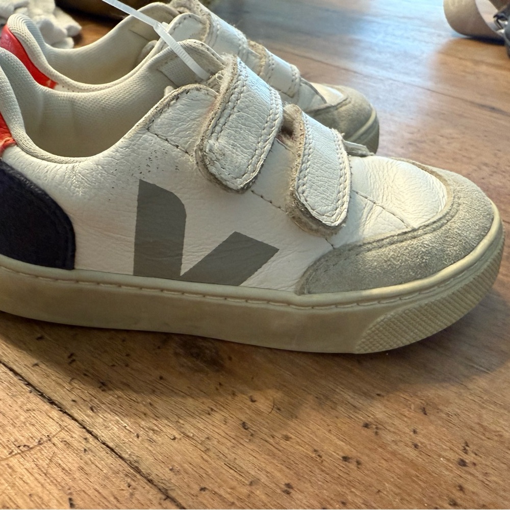 Veja Kids White Leather Velcro Sneakers with Gray V and Red Heel Tab